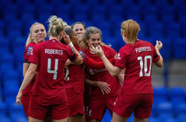 BIRKENHEAD, ENGLAND - Sunday, September 18, 2022: Liverpool's Katie Stengel (2nd from R) celebrates with team-mates after scoring the second goal during the FA Women’s Super League match between Liverpool FC Women and Chelsea FC Women at Prenton Park. (Pic by David Rawcliffe/Propaganda)