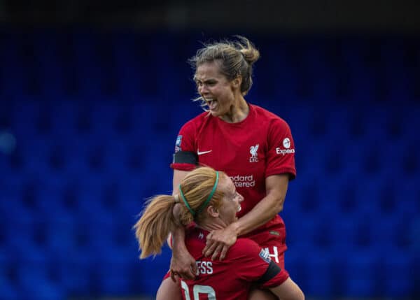 BIRKENHEAD, ENGLAND - Sunday, September 18, 2022: Liverpool's Katie Stengel (R) celebrates with team-mate Ceri Holland after scoring the second goal during the FA Women’s Super League match between Liverpool FC Women and Chelsea FC Women at Prenton Park. (Pic by David Rawcliffe/Propaganda)