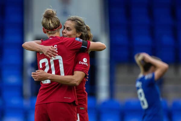 BIRKENHEAD, ENGLAND - Sunday, September 18, 2022: Liverpool's Katie Stengel (R) celebrates with team-mate Yana Daniels after scoring the second goal during the FA Women’s Super League match between Liverpool FC Women and Chelsea FC Women at Prenton Park. (Pic by David Rawcliffe/Propaganda)