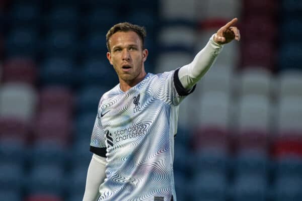 ROCHDALE, ENGLAND - Tuesday, September 20, 2022: Liverpool's Arthur Melo during the English Football League Trophy Northern Group D match between Rochdale AFC and Liverpool FC Under-21's at Spotland. (Pic by David Rawcliffe/Propaganda)