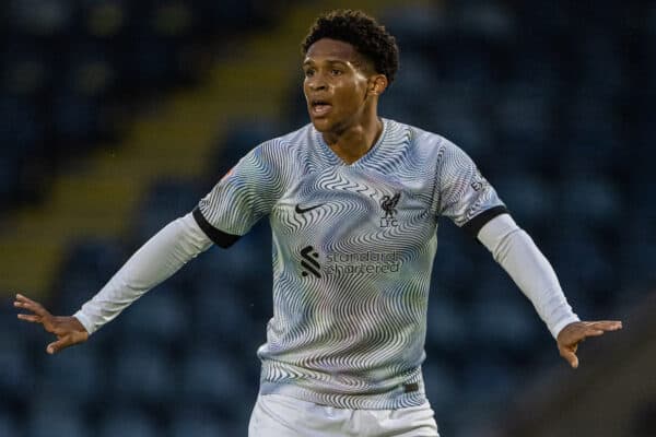 ROCHDALE, ENGLAND - Tuesday, September 20, 2022: Liverpool's Oludare Olufunwa during the English Football League Trophy Northern Group D match between Rochdale AFC and Liverpool FC Under-21's at Spotland. (Pic by David Rawcliffe/Propaganda)