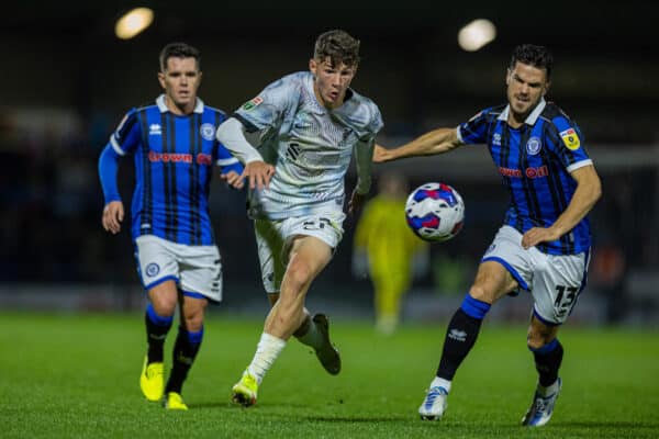 ROCHDALE, ENGLAND - Tuesday, September 20, 2022: Liverpool's Lewis Koumas (L) gets away from Rochdale's Jimmy Keohane during the English Football League Trophy Northern Group D match between Rochdale AFC and Liverpool FC Under-21's at Spotland. (Pic by David Rawcliffe/Propaganda)