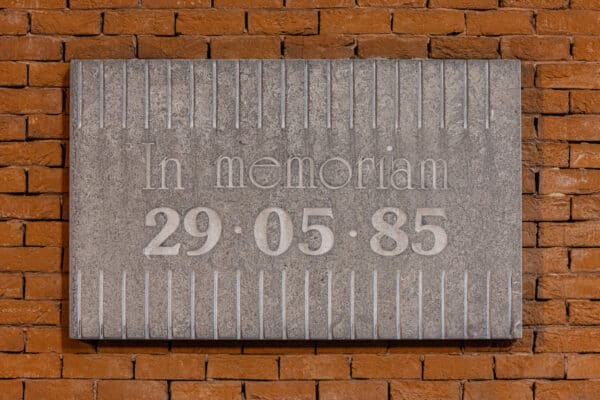 BUSSELLS, BELGIUM A stone memorial to the 39 victims of the Heysel Stadium disaster on the wall of the renamed King Baudouin Stadium. (Photo by David Rawcliffe/Propaganda)