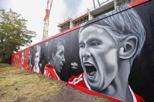 LIVERPOOL, ENGLAND - Saturday, September 24, 2022: Street art of former Liverpool players Fernando Torres and others on hoardings around the construction of the new Anfield Road stand seen before the LFC Foundation friendly 'Legends of the North' match between Liverpool FC Legends and Manchester United FC Legends at Anfield. (Pic by David Rawcliffe/Propaganda)