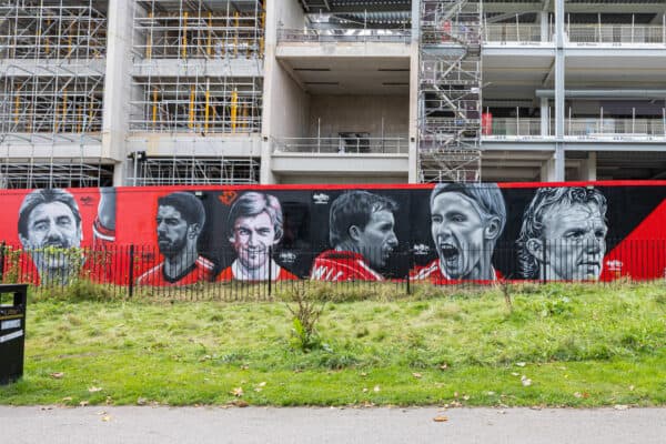 LIVERPOOL, ENGLAND - Saturday, September 24, 2022: Street art of former and current Liverpool players on hoardings around the construction of the new Anfield Road stand seen before the LFC Foundation friendly 'Legends of the North' match between Liverpool FC Legends and Manchester United FC Legends at Anfield. (Pic by David Rawcliffe/Propaganda)