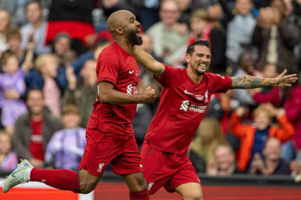 LIVERPOOL, ENGLAND - Saturday, September 24, 2022: Liverpool's Florent Sinama-Pongolle (L) celebrates after scoring the second goal during the LFC Foundation friendly 'Legends of the North' match between Liverpool FC Legends and Manchester United FC Legends at Anfield. (Pic by David Rawcliffe/Propaganda)