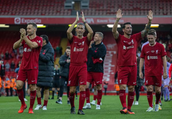 LIVERPOOL, ENGLAND - Saturday, September 24, 2022: Liverpool's Fabio Aurelio, Luis Garcia and Maxi Rodriguez wave to supporters after the LFC Foundation friendly 'Legends of the North' match between Liverpool FC Legends and Manchester United FC Legends at Anfield. Liverpool won 2-1. (Pic by David Rawcliffe/Propaganda)