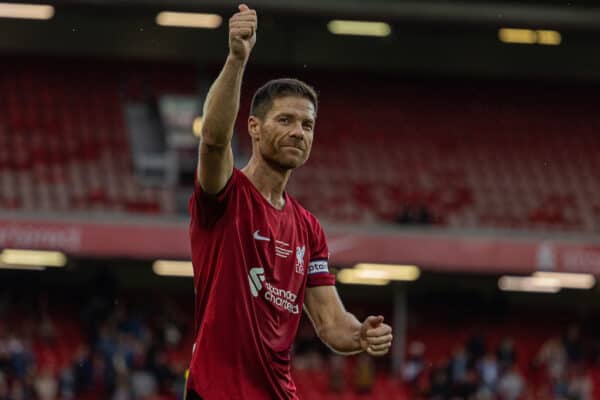 LIVERPOOL, ENGLAND - Saturday, September 24, 2022: Liverpool's Xabi Alonso waves to supporters after the LFC Foundation friendly 'Legends of the North' match between Liverpool FC Legends and Manchester United FC Legends at Anfield. Liverpool won 2-1. (Pic by David Rawcliffe/Propaganda)