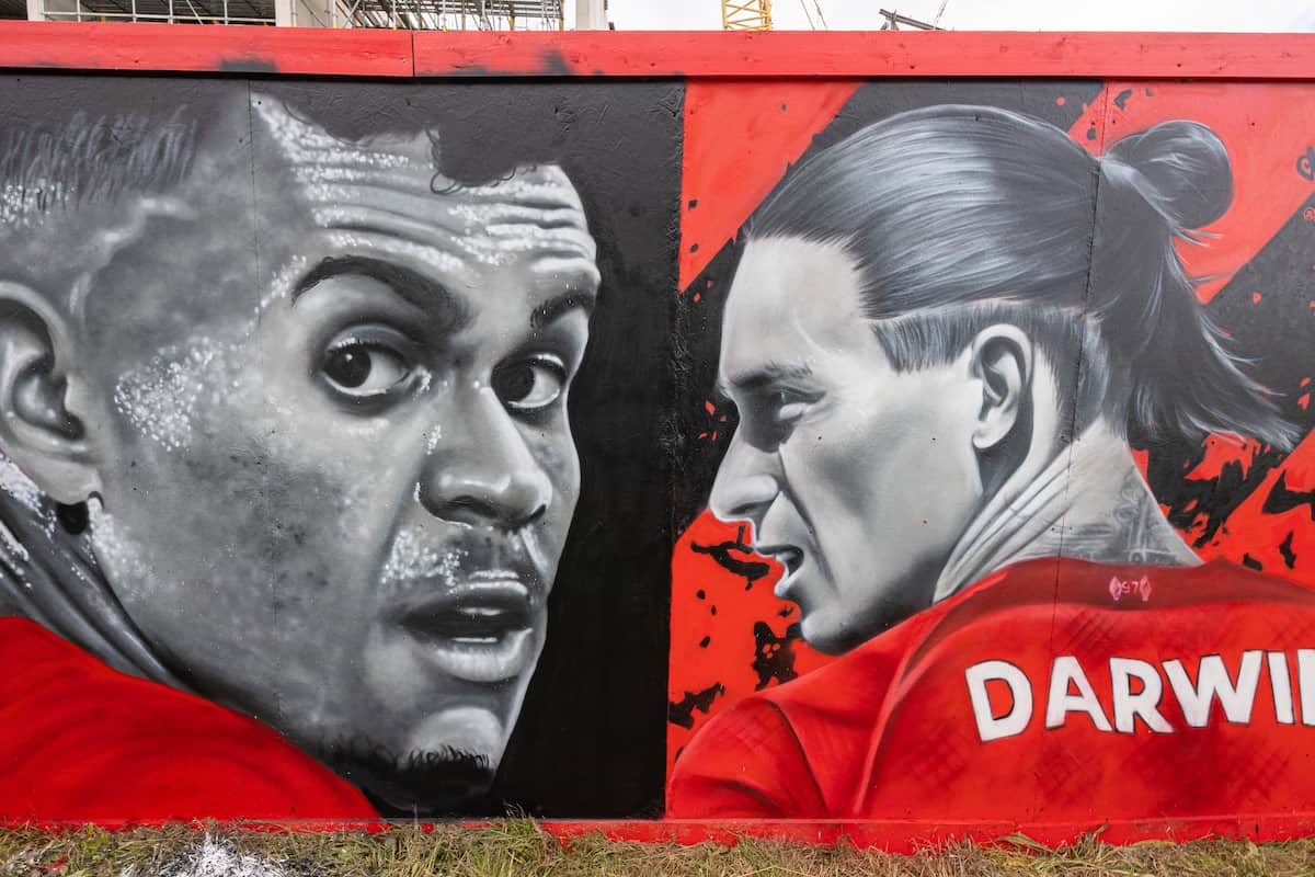 LIVERPOOL, ENGLAND - Saturday, September 24, 2022: Street art of Liverpool players Luis Díaz (L) and Darwin Núñez on hoardings around the construction of the new Anfield Road stand seen before the LFC Foundation friendly 'Legends of the North' match between Liverpool FC Legends and Manchester United FC Legends at Anfield. (Pic by David Rawcliffe/Propaganda)