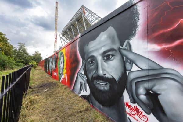 LIVERPOOL, ENGLAND - Saturday, September 24, 2022: Street art of Liverpool player Mohamed Salah on hoardings around the construction of the new Anfield Road stand seen before the LFC Foundation friendly 'Legends of the North' match between Liverpool FC Legends and Manchester United FC Legends at Anfield. (Pic by David Rawcliffe/Propaganda)