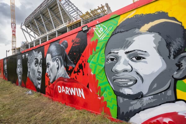 LIVERPOOL, ENGLAND - Saturday, September 24, 2022: Street art of former Liverpool player Sadio Mane on hoardings around the construction of the new Anfield Road stand seen before the LFC Foundation friendly 'Legends of the North' match between Liverpool FC Legends and Manchester United FC Legends at Anfield. (Pic by David Rawcliffe/Propaganda)