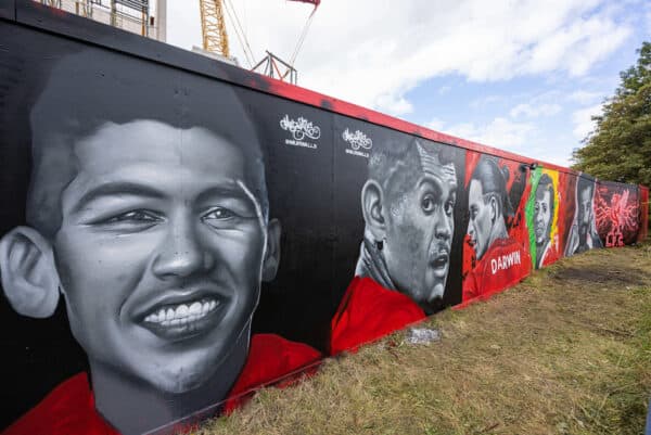 LIVERPOOL, ENGLAND - Saturday, September 24, 2022: Street art of former and current Liverpool players on hoardings around the construction of the new Anfield Road stand seen before the LFC Foundation friendly 'Legends of the North' match between Liverpool FC Legends and Manchester United FC Legends at Anfield. (Pic by David Rawcliffe/Propaganda)