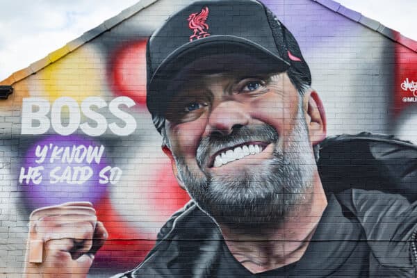 LIVERPOOL, ENGLAND - Saturday, September 24, 2022: A street art mural of Liverpool manager Jürgen Klopp on the gabel end of a house in Randolph Street near the club's Anfield stadium pictured before the LFC Foundation friendly 'Legends of the North' match between Liverpool FC Legends and Manchester United FC Legends. (Pic by David Rawcliffe/Propaganda)