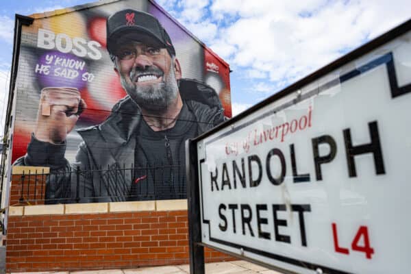 LIVERPOOL, ENGLAND - Saturday, September 24, 2022: A street art mural of Liverpool manager Jürgen Klopp on the gabel end of a house in Randolph Street near the club's Anfield stadium pictured before the LFC Foundation friendly 'Legends of the North' match between Liverpool FC Legends and Manchester United FC Legends. (Pic by David Rawcliffe/Propaganda)