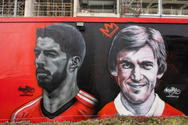 LIVERPOOL, ENGLAND - Saturday, September 24, 2022: Street art of former Liverpool players Luis Suarez and Kenny Dalglish on hoardings around the construction of the new Anfield Road stand seen before the LFC Foundation friendly 'Legends of the North' match between Liverpool FC Legends and Manchester United FC Legends at Anfield. (Pic by David Rawcliffe/Propaganda)