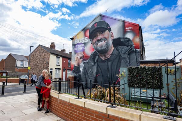 LIVERPOOL, ENGLAND - Saturday, September 24, 2022: A street art mural of Liverpool manager Jürgen Klopp on the gabel end of a house in Randolph Street near the club's Anfield stadium pictured before the LFC Foundation friendly 'Legends of the North' match between Liverpool FC Legends and Manchester United FC Legends. (Pic by David Rawcliffe/Propaganda)