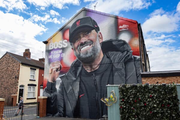 LIVERPOOL, ENGLAND - Saturday, September 24, 2022: A street art mural of Liverpool manager Jürgen Klopp on the gabel end of a house in Randolph Street near the club's Anfield stadium pictured before the LFC Foundation friendly 'Legends of the North' match between Liverpool FC Legends and Manchester United FC Legends. (Pic by David Rawcliffe/Propaganda)