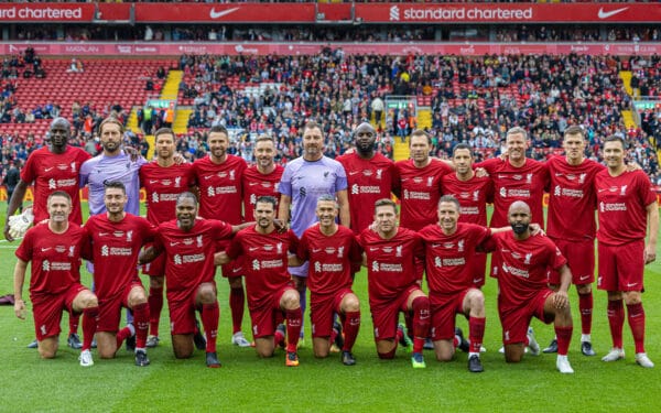 LIVERPOOL, ENGLAND - Saturday, September 24, 2022: Liverpool players line-up for a team group photograph before the LFC Foundation friendly 'Legends of the North' match between Liverpool FC Legends and Manchester United FC Legends at Anfield. (Pic by David Rawcliffe/Propaganda)