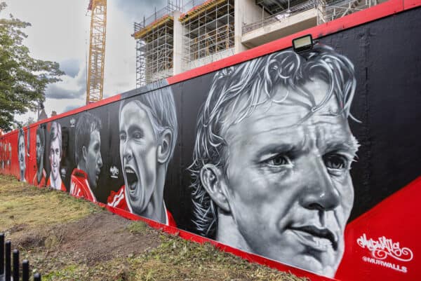 LIVERPOOL, ENGLAND - Saturday, September 24, 2022: Street art of former and current Liverpool players on hoardings around the construction of the new Anfield Road stand seen before the LFC Foundation friendly 'Legends of the North' match between Liverpool FC Legends and Manchester United FC Legends at Anfield. (Pic by David Rawcliffe/Propaganda)