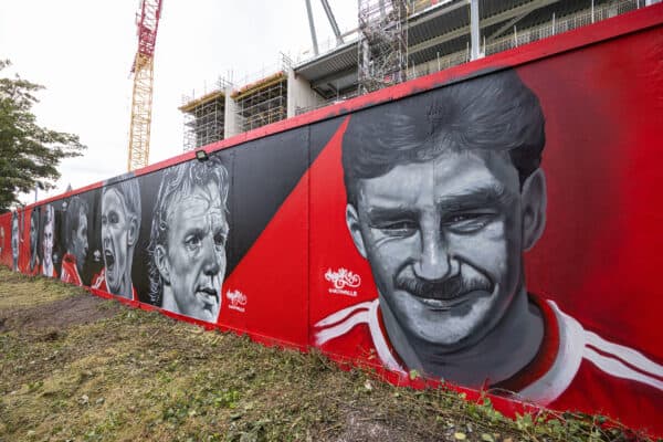 LIVERPOOL, ENGLAND - Saturday, September 24, 2022: Street art of former and current Liverpool players on hoardings around the construction of the new Anfield Road stand seen before the LFC Foundation friendly 'Legends of the North' match between Liverpool FC Legends and Manchester United FC Legends at Anfield. (Pic by David Rawcliffe/Propaganda)