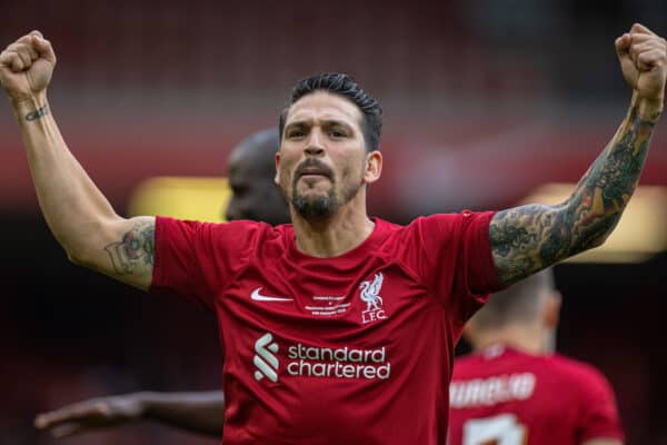 LIVERPOOL, ENGLAND - Saturday, September 24, 2022: Liverpool's Mark Gonzalez celebrates after scoring the first equalising goal during the LFC Foundation friendly 'Legends of the North' match between Liverpool FC Legends and Manchester United FC Legends at Anfield. (Pic by David Rawcliffe/Propaganda)