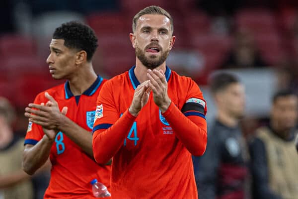 LONDON, ENGLAND - Monday, September 26, 2022: England's Jordan Henderson applauds the supporters after the UEFA Nations League Group A3 game between England and Germany at Wembley Stadium. The game ended in a 3-3 draw. (Photo by David Rawcliffe/Propaganda)