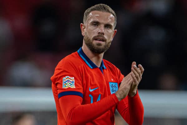 LONDON, ENGLAND - Monday, September 26, 2022: England's Jordan Henderson applauds the supporters after the UEFA Nations League Group A3 game between England and Germany at Wembley Stadium. The game ended in a 3-3 draw. (Photo by David Rawcliffe/Propaganda)