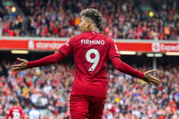 LIVERPOOL, ENGLAND - Saturday, October 1, 2022: Liverpool's Roberto Firmino celebrates after scoring his side's first goal during the FA Premier League match between Liverpool FC and Brighton & Hove Albion FC at Anfield. (Pic by David Rawcliffe/Propaganda)