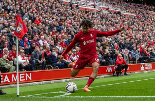 LIVERPOOL, ENGLAND - Saturday, October 1, 2022: Liverpool's Trent Alexander-Arnold during the FA Premier League match between Liverpool FC and Brighton & Hove Albion FC at Anfield. (Pic by David Rawcliffe/Propaganda)