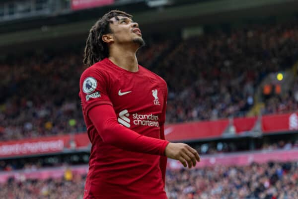 LIVERPOOL, ENGLAND - Saturday, October 1, 2022: Liverpool's Trent Alexander-Arnold during the FA Premier League match between Liverpool FC and Brighton & Hove Albion FC at Anfield. (Pic by David Rawcliffe/Propaganda)