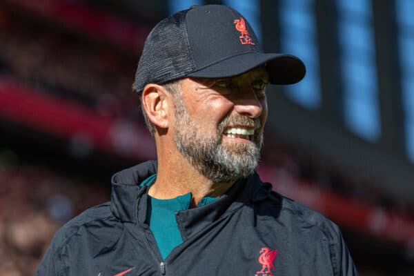 LIVERPOOL, ENGLAND - Saturday, October 1, 2022: Liverpool's manager Jürgen Klopp during the FA Premier League match between Liverpool FC and Brighton & Hove Albion FC at Anfield. (Pic by David Rawcliffe/Propaganda)