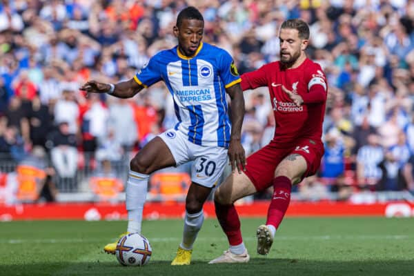 LIVERPOOL, ENGLAND - Saturday, October 1, 2022: Liverpool's captain Jordan Henderson (R) and Brighton & Hove Albion's Bernardo Fernandes da Silva Junior during the FA Premier League match between Liverpool FC and Brighton & Hove Albion FC at Anfield. (Pic by David Rawcliffe/Propaganda)