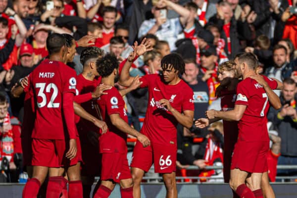 LIVERPOOL, ENGLAND - Saturday, October 1, 2022: Liverpool's Trent Alexander-Arnold celebrates after his corner forced the third goal during the FA Premier League match between Liverpool FC and Brighton & Hove Albion FC at Anfield. (Pic by David Rawcliffe/Propaganda)