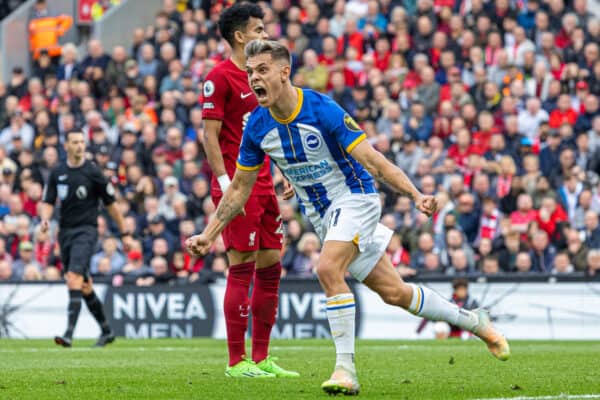 LIVERPOOL, ENGLAND - Saturday, October 1, 2022: Brighton & Hove Albion's Leandro Trossard celebrates after scoring the third goal, to level the score at 3-3 and complete his hat-trick, during the FA Premier League match between Liverpool FC and Brighton & Hove Albion FC at Anfield. (Pic by David Rawcliffe/Propaganda)