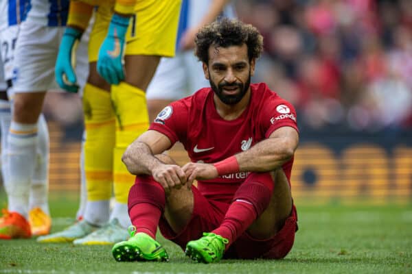 LIVERPOOL, ENGLAND - Saturday, October 1, 2022: Liverpool's Mohamed Salah looks dejected after missing a chance during the FA Premier League match between Liverpool FC and Brighton & Hove Albion FC at Anfield. (Pic by David Rawcliffe/Propaganda)