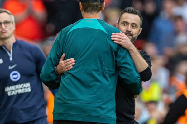 LIVERPOOL, ENGLAND - Saturday, October 1, 2022: Brighton & Hove Albion's Brighton & Hove Albion's manager Roberto De Zerbi (R) embraces Liverpool's manager Jürgen Klopp after the FA Premier League match between Liverpool FC and Brighton & Hove Albion FC at Anfield. (Pic by David Rawcliffe/Propaganda)