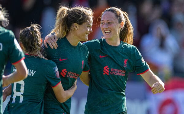 SUNDERLAND, ENGLAND - Sunday, October 2, 2022: Liverpool's Megan Campbell (R) celebrates after scoring the first goal during the FA Women's League Cup Group B match between Sunderland AFC Women and Liverpool FC Women at the Eppleton Colliery Welfare Ground. (Pic by David Rawcliffe/Propaganda)