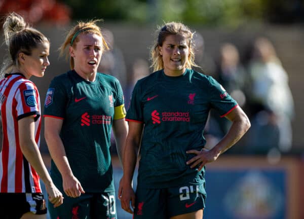 SUNDERLAND, ENGLAND - Sunday, October 2, 2022: Liverpool's Katie Stengel (R) and Rachel Furness (L) during the FA Women's League Cup Group B match between Sunderland AFC Women and Liverpool FC Women at the Eppleton Colliery Welfare Ground. (Pic by David Rawcliffe/Propaganda)