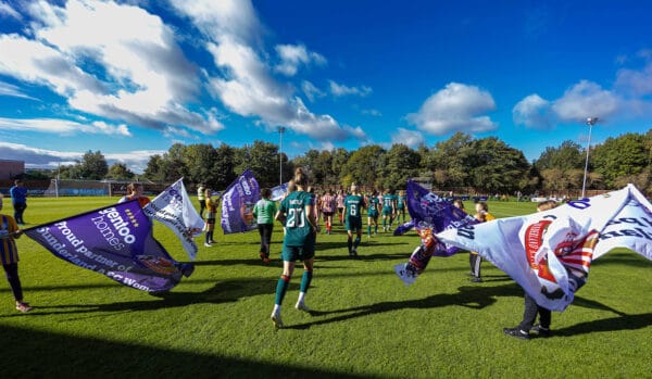 SUNDERLAND, ENGLAND - Sunday, October 2, 2022: Liverpool's Yana Daniels and her team-mates run out before the FA Women's League Cup Group B match between Sunderland AFC Women and Liverpool FC Women at the Eppleton Colliery Welfare Ground. (Pic by David Rawcliffe/Propaganda)