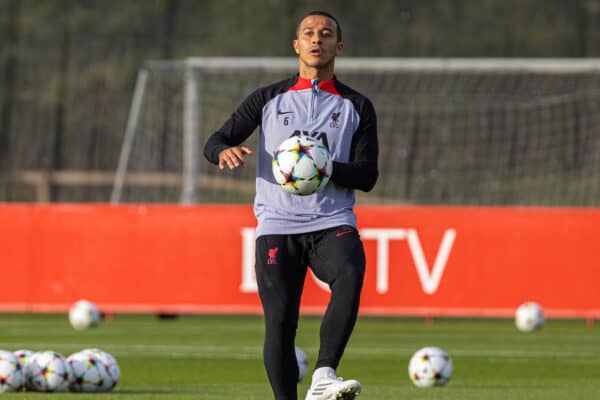 LIVERPOOL, ENGLAND - Monday, October 3, 2022: Liverpool's Thiago Alcântara during a training session at the AXA Training Centre ahead of the UEFA Champions League Group A matchday 2 game between Liverpool FC and Glasgow Rangers FC. (Pic by David Rawcliffe/Propaganda)