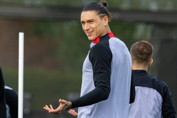 LIVERPOOL, ENGLAND - Monday, October 3, 2022: Liverpool's Darwin Núñez during a training session at the AXA Training Centre ahead of the UEFA Champions League Group A matchday 2 game between Liverpool FC and Glasgow Rangers FC. (Pic by David Rawcliffe/Propaganda)