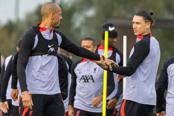 LIVERPOOL, ENGLAND - Monday, October 3, 2022: Liverpool's Darwin Núñez (R) and Fabio Henrique Tavares 'Fabinho' during a training session at the AXA Training Centre ahead of the UEFA Champions League Group A matchday 2 game between Liverpool FC and Glasgow Rangers FC. (Pic by David Rawcliffe/Propaganda)