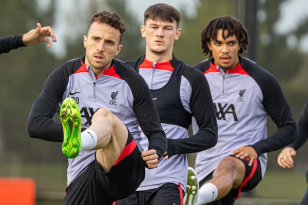 LIVERPOOL, ENGLAND - Monday, October 3, 2022: Liverpool's Diogo Jota (L) during a training session at the AXA Training Centre ahead of the UEFA Champions League Group A matchday 2 game between Liverpool FC and Glasgow Rangers FC. (Pic by David Rawcliffe/Propaganda)