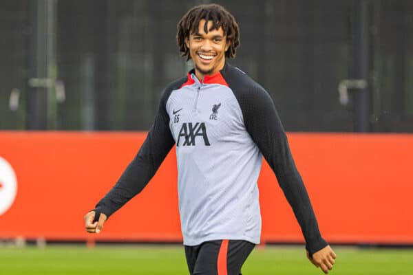 LIVERPOOL, ENGLAND - Monday, October 3, 2022: Liverpool's Trent Alexander-Arnold during a training session at the AXA Training Centre ahead of the UEFA Champions League Group A matchday 2 game between Liverpool FC and Glasgow Rangers FC. (Pic by David Rawcliffe/Propaganda)