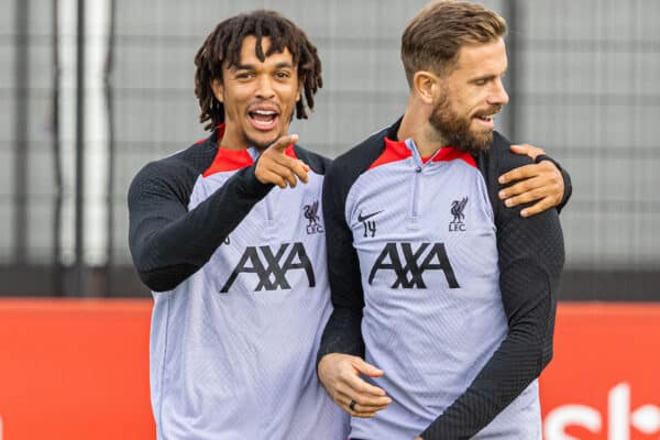 LIVERPOOL, ENGLAND - Monday, October 3, 2022: Liverpool's Trent Alexander-Arnold (L) and captain Jordan Henderson during a training session at the AXA Training Centre ahead of the UEFA Champions League Group A matchday 2 game between Liverpool FC and Glasgow Rangers FC. (Pic by David Rawcliffe/Propaganda)