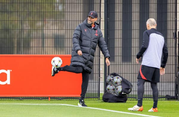 LIVERPOOL, ENGLAND - Monday, October 3, 2022: Liverpool's manager Jürgen Klopp during a training session at the AXA Training Centre ahead of the UEFA Champions League Group A matchday 2 game between Liverpool FC and Glasgow Rangers FC. (Pic by David Rawcliffe/Propaganda)