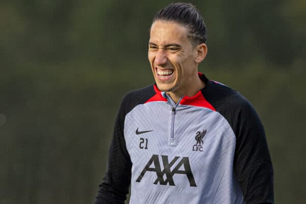 LIVERPOOL, ENGLAND - Monday, October 3, 2022: Liverpool's Kostas Tsimikas during a training session at the AXA Training Centre ahead of the UEFA Champions League Group A matchday 2 game between Liverpool FC and Glasgow Rangers FC. (Pic by David Rawcliffe/Propaganda)