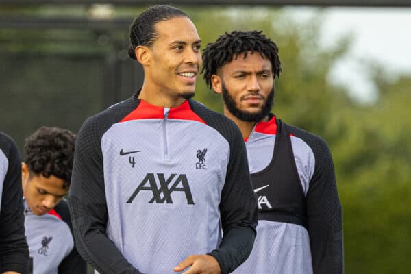 LIVERPOOL, ENGLAND - Monday, October 3, 2022: Liverpool's Virgil van Dijk (L) and Joe Gomez during a training session at the AXA Training Centre ahead of the UEFA Champions League Group A matchday 2 game between Liverpool FC and Glasgow Rangers FC. (Pic by David Rawcliffe/Propaganda)