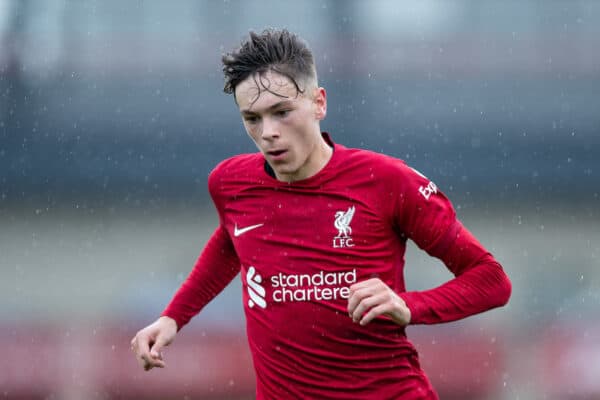 LIVERPOOL, ENGLAND - Tuesday, October 4, 2022: Liverpool's Luke Chambers during the UEFA Youth League Group A Matchday 3 game between Liverpool FC Under-19's and Glasgow Rangers FC Under-19's at the Liverpool Academy. (Pic by Jessica Hornby/Propaganda)