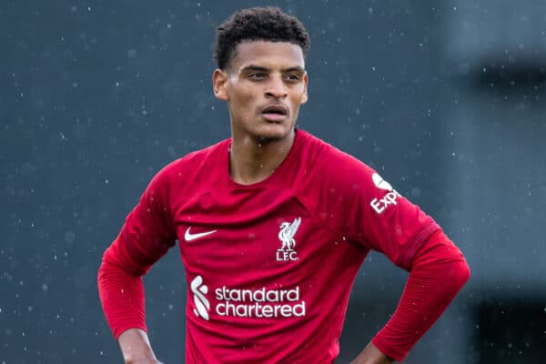 LIVERPOOL, ENGLAND - Tuesday, October 4, 2022: Liverpool's Melkamu Frauendorf during the UEFA Youth League Group A Matchday 3 game between Liverpool FC Under-19's and Glasgow Rangers FC Under-19's at the Liverpool Academy. (Pic by Jessica Hornby/Propaganda)